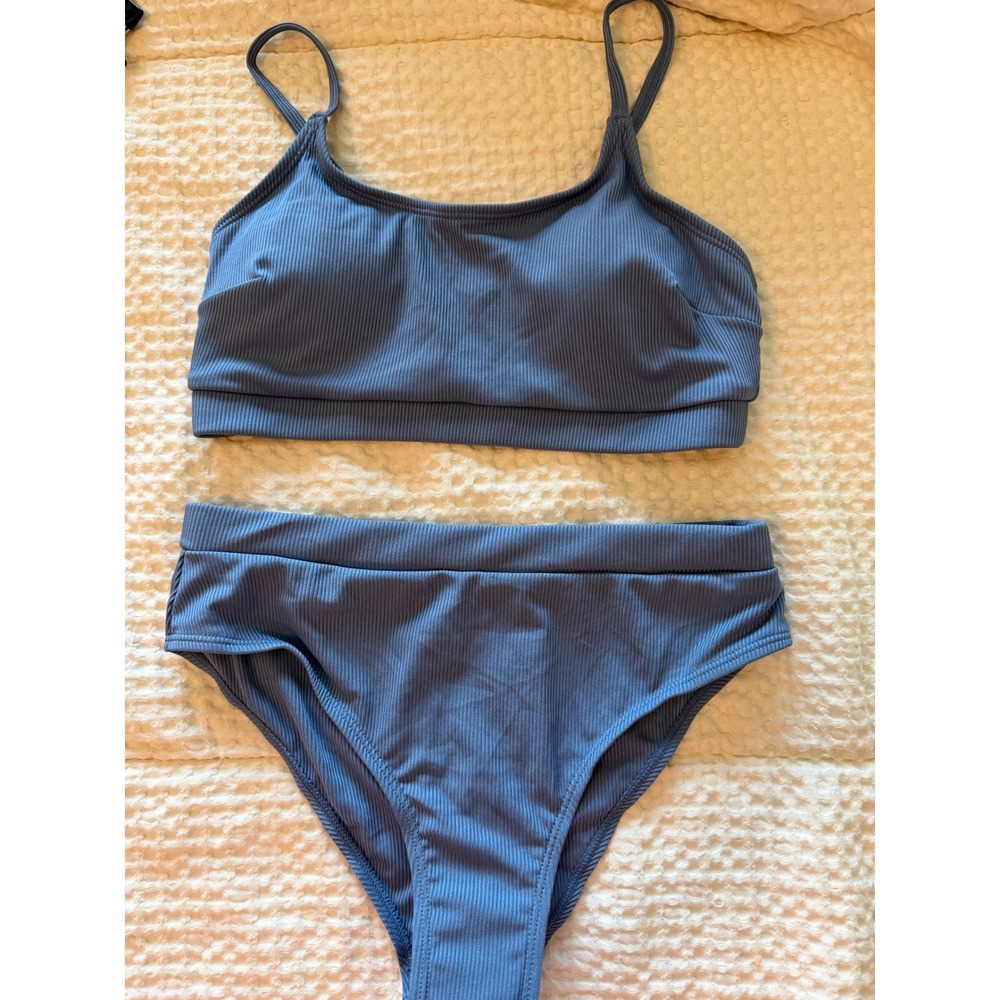 Cupshe Womens Ribbed High Waisted Bikini Set Blue Scoop Neck Two Piece Small